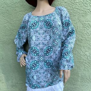 EUC ANTONIO MELANI Boho Gray/Gr/Blu Long Sleeve Flowy Pleated RoundNeck Blouse M